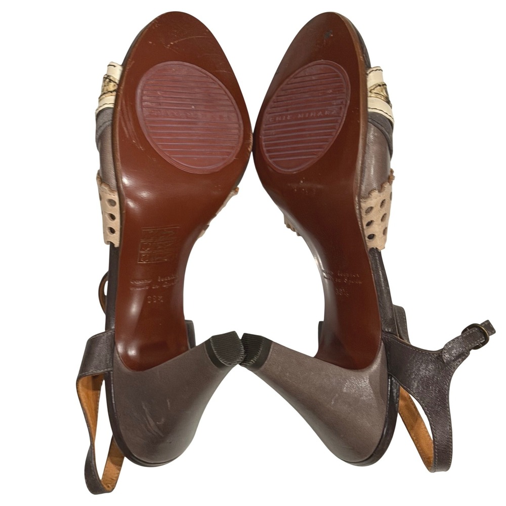 Chie Mihara Vulcano Heel Strap Sandal Womens 8.5 Brown Taupe Perforated Leather - Picture 13 of 16